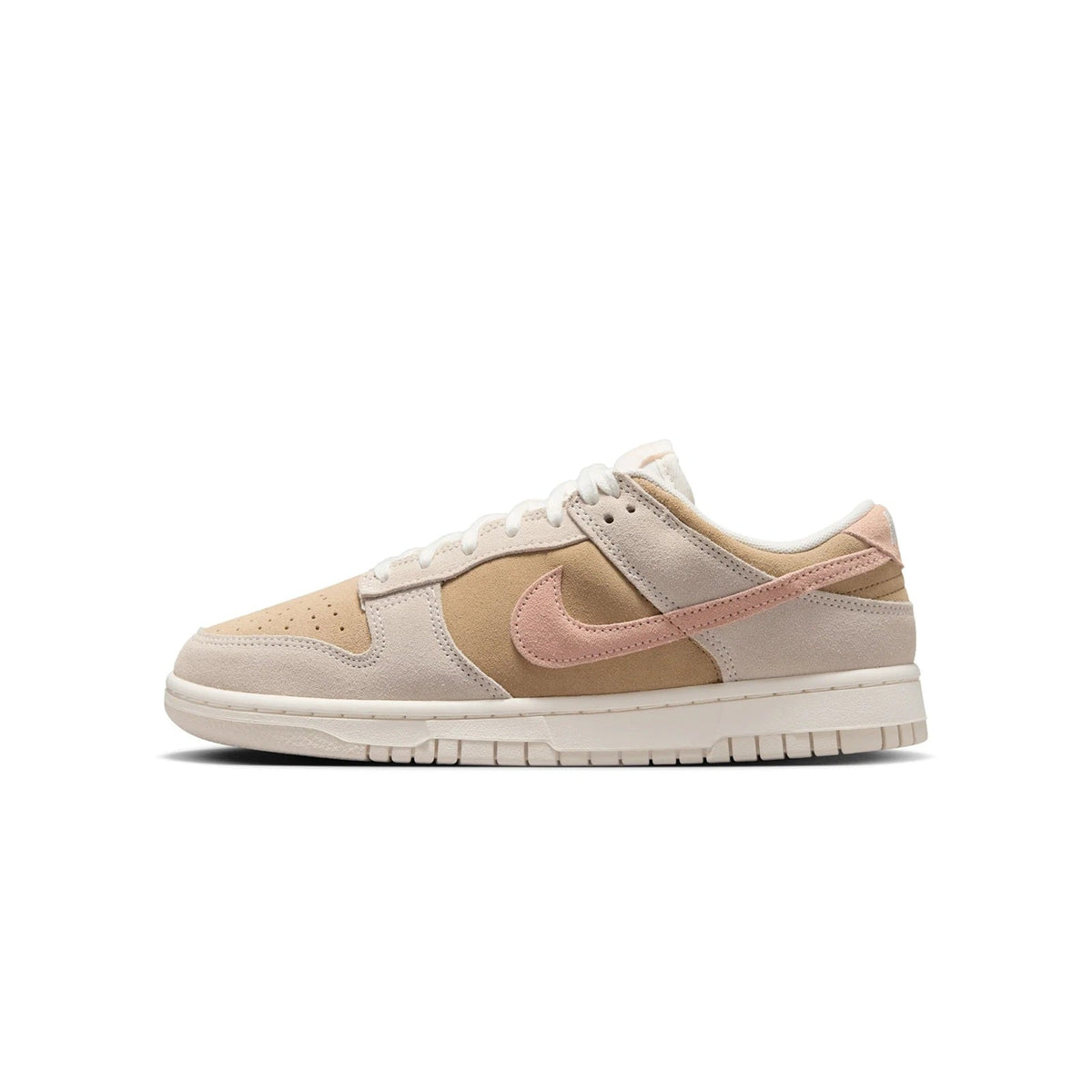 Nike Dunk Low low-top sneakers in light beige, gray, and washed coral pink