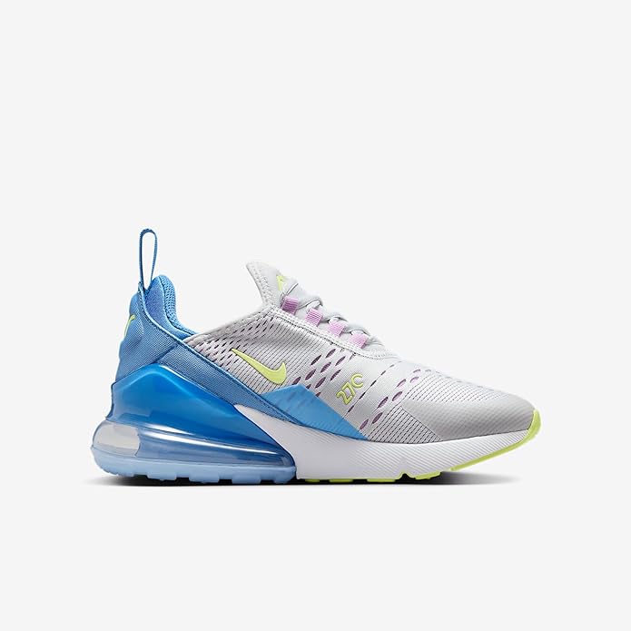 Kids' Nike Air Max 270 sneakers, white upper with blue heel tab and lime Swoosh