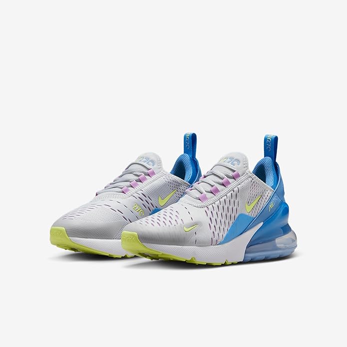 Kids' Air Max 270 sneakers in white and blue with lime accents, front angle pair