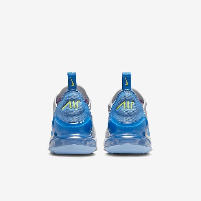Kids' Nike Air Max 270 sneakers rear view, blue heel pods with Air branding