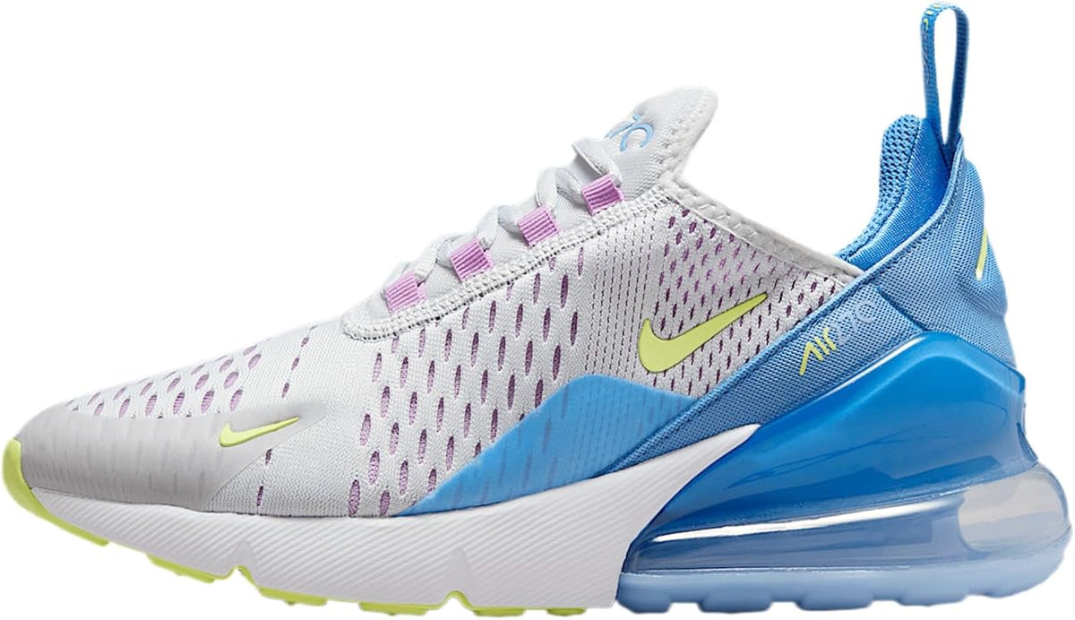 Kids' Nike Air Max 270 sneakers, white mesh with blue heel and lime accents