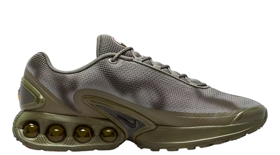 Nike Air Max DN NRG sneakers in olive-gray, side panel logos and Air pods
