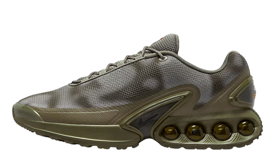 Olive and dark Nike Air Max DN NRG sneakers, lace-up with bubble Air pods