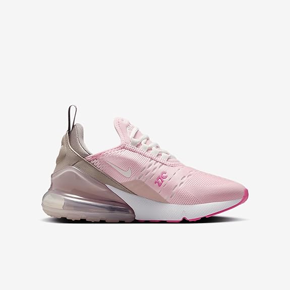 Big kid's Nike Air Max 270 sneakers, pink upper with gray heel and Air cushioning