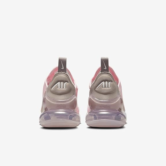 Big kid's Nike Air Max 270 sneakers, back view with Air heel logo and pull tab