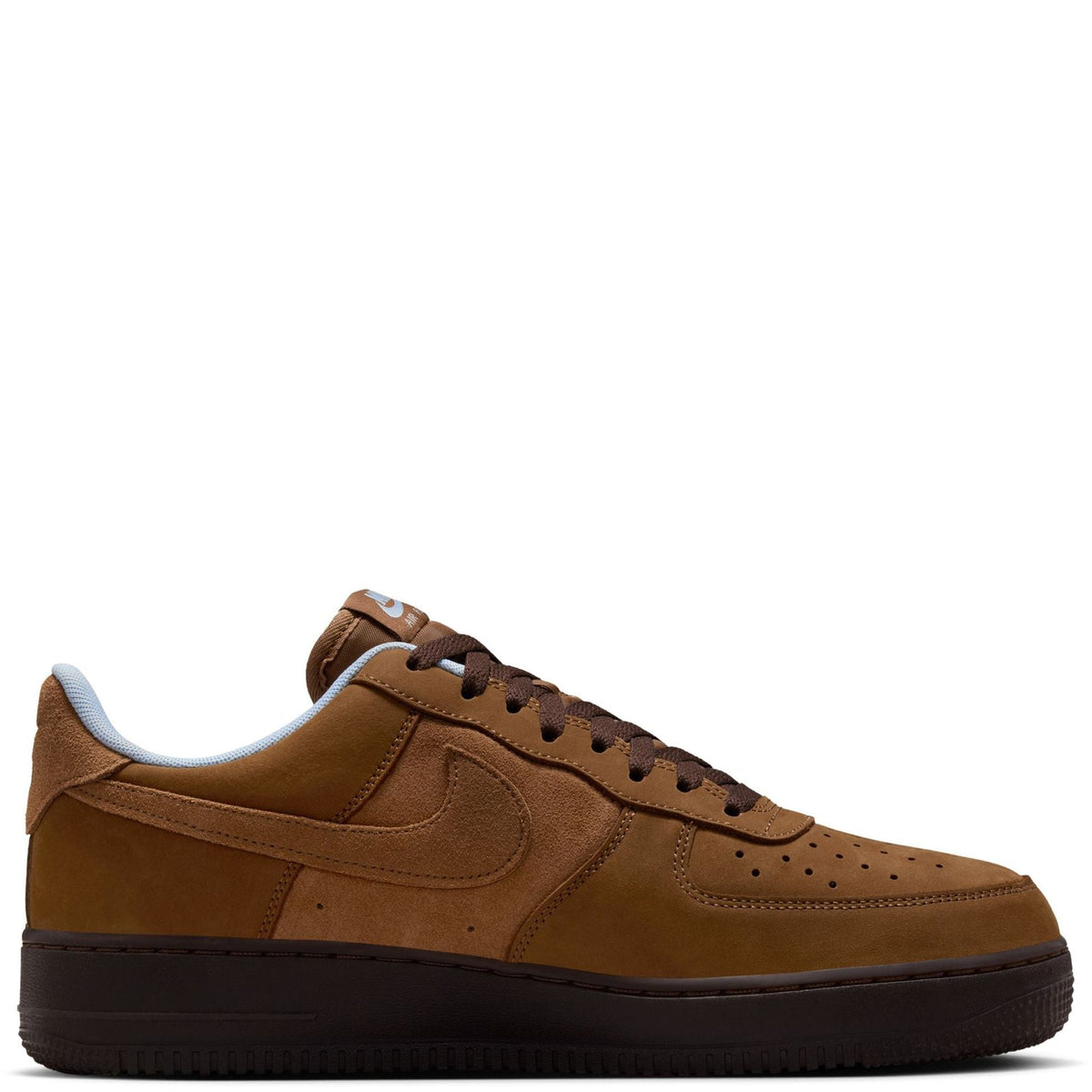 Nike Air Force 1 low-top sneakers in tan, with perforated toe and blue inner lining.
