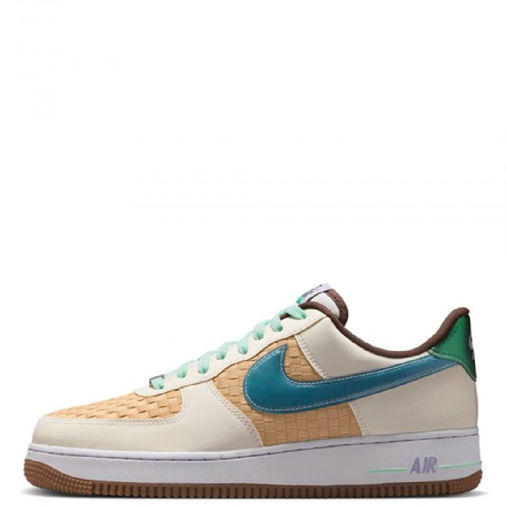 Nike Air Force 1 low sneakers, white leather with blue swoosh and mint laces