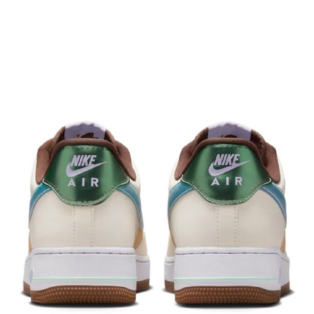 Nike Air Force 1 low sneakers rear view, white leather with blue heel Air branding