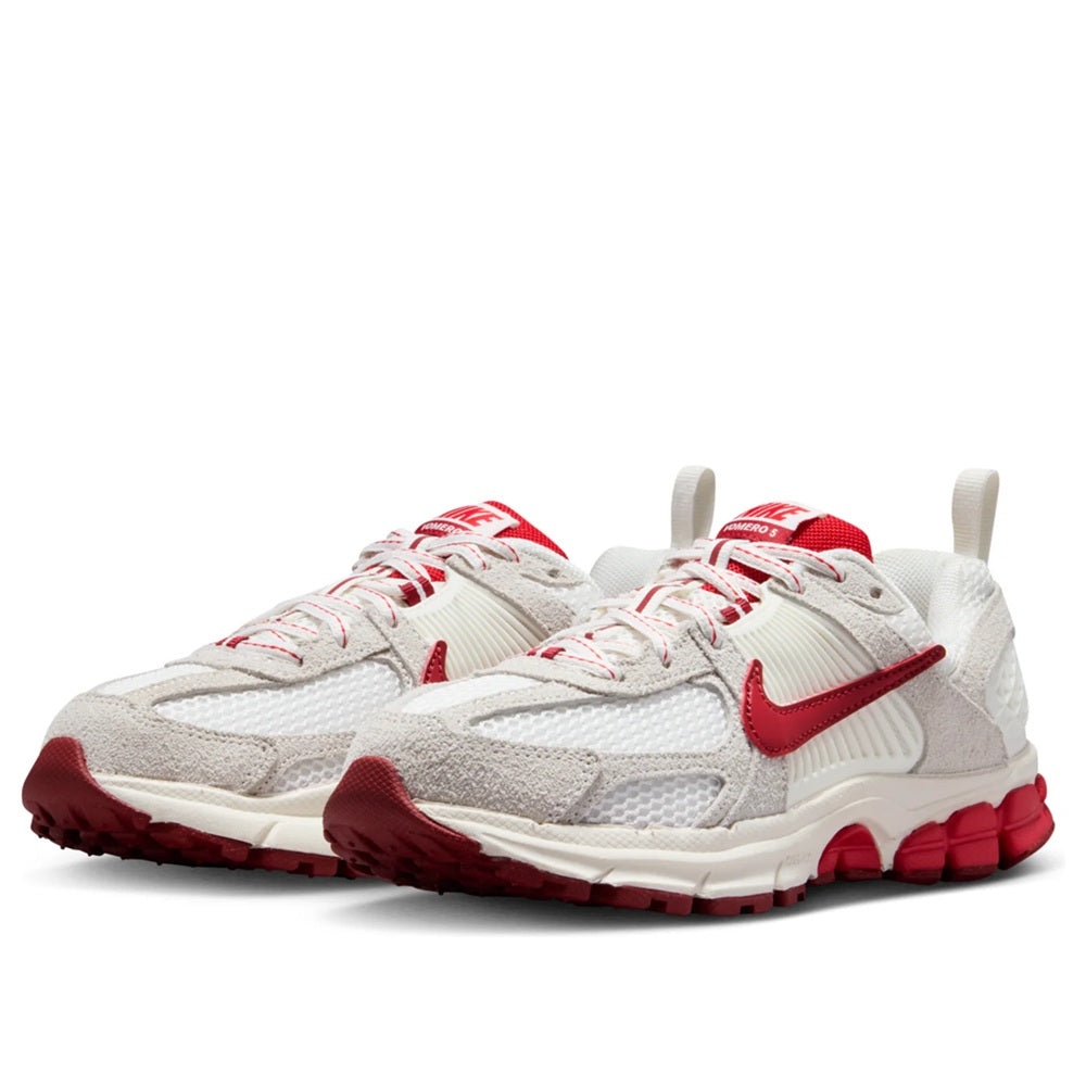 Big kid's Nike Vomero 5 SE running shoes, front view in sail white with red trim and laces
