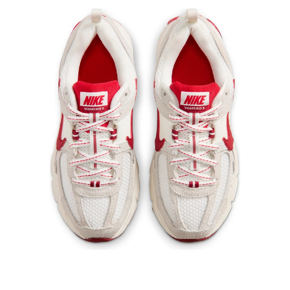 Big kid's Nike Vomero 5 SE shoes, white tongues with Nike branding and red interior lining