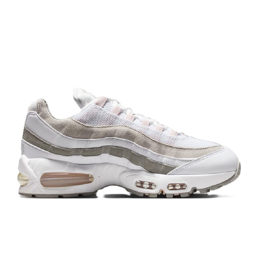 Nike Air Max 95 running shoes in white with gray overlays, lace-up, visible air unit