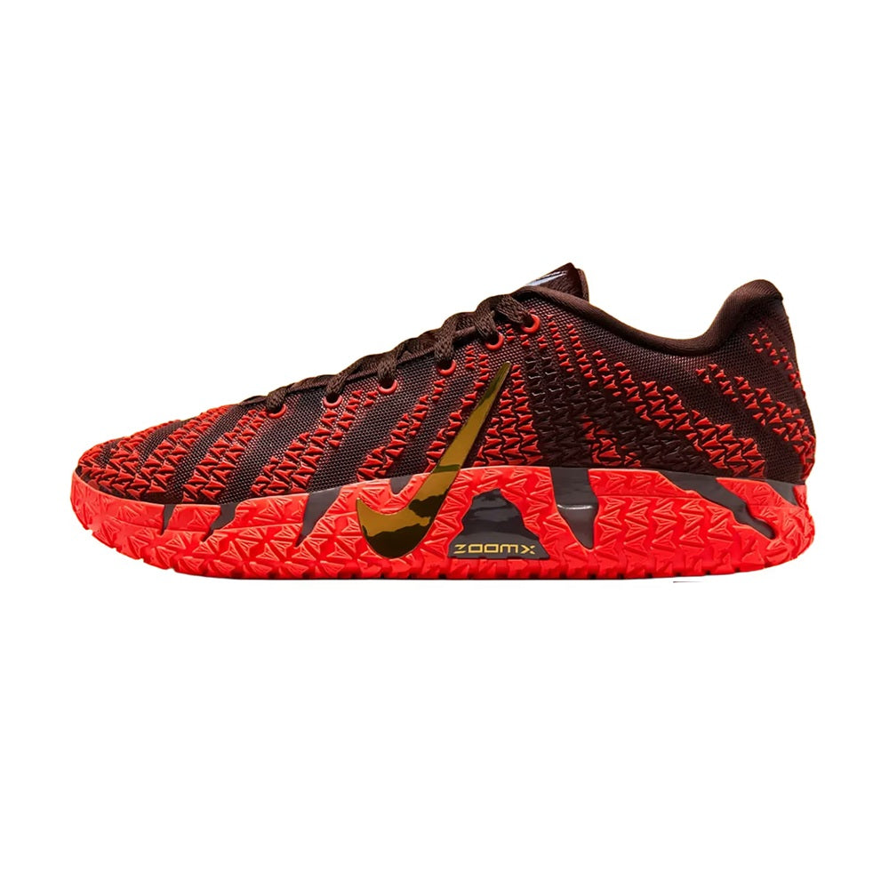 Men's low-top basketball shoes with dark brown, red knit upper and gold swoosh