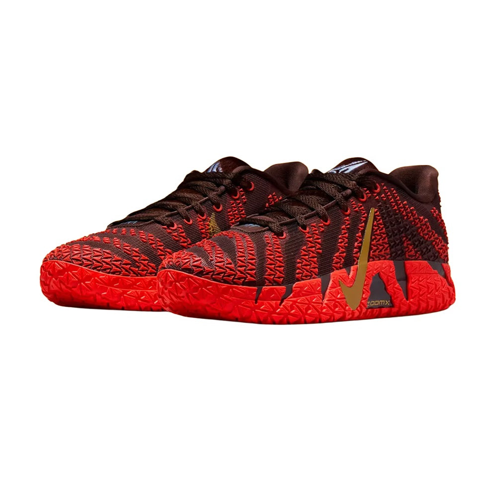 Men's low-top basketball shoes, side view with dark brown and red upper and red outsole