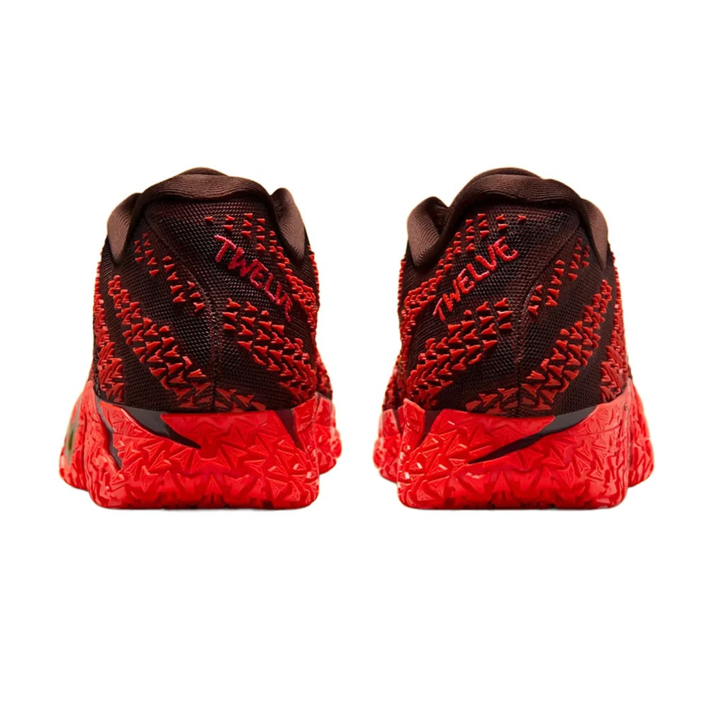Men's low-top shoes with dark brown heels, red knit pattern, and red textured sole