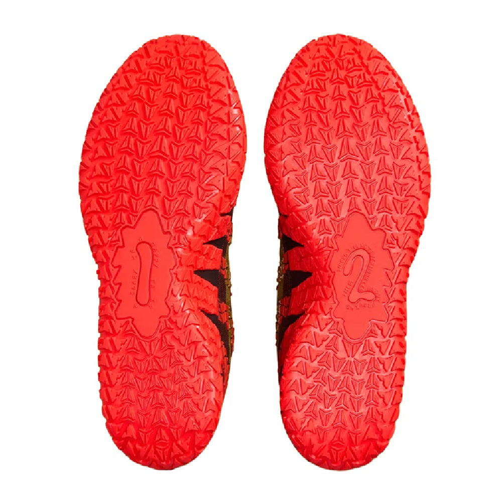 Red rubber outsoles with textured tread pattern and molded traction details