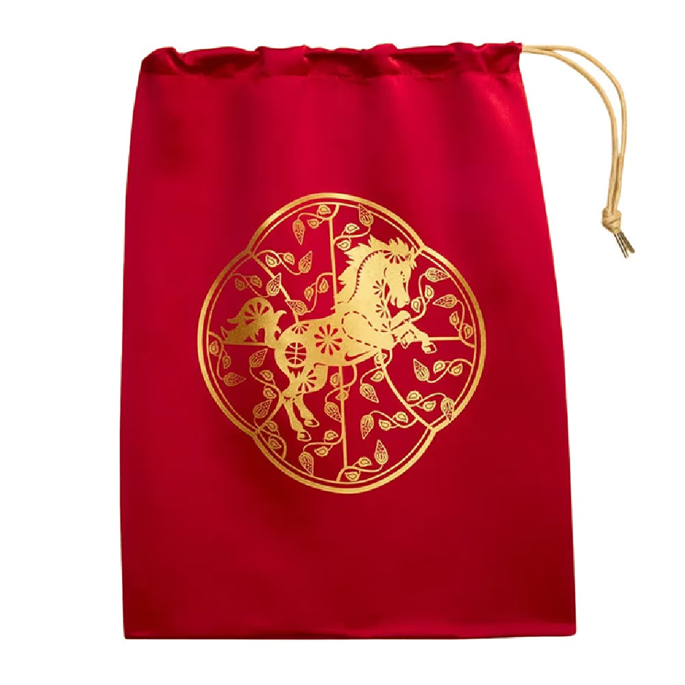 Red drawstring gift bag with gold circular Lunar New Year-style design