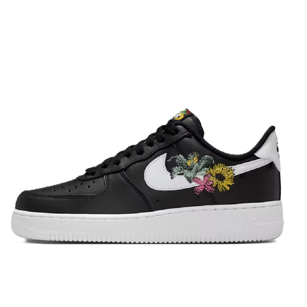 Women's Nike Air Force 1 PRM sneakers in black and white with colorful floral embroidery