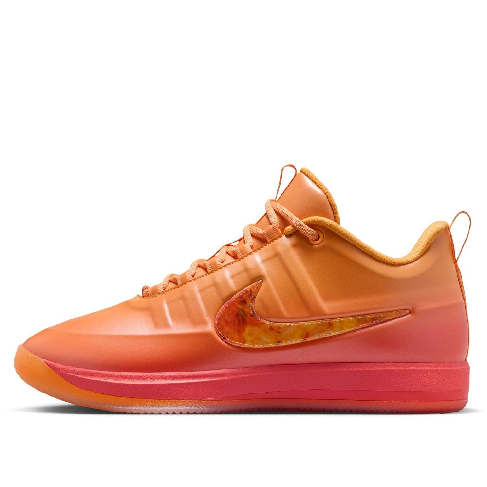 Nike low-top lace-up shoe in orange with pink sole, molded overlays, and Swoosh