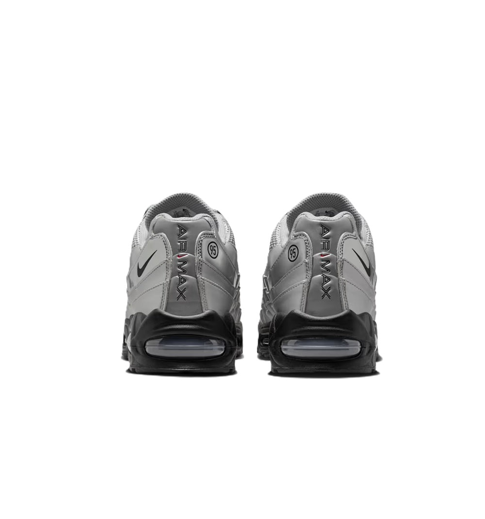 Nike Air Max 95 Big Bubble SE sneakers, heel view in metallic silver with black accents