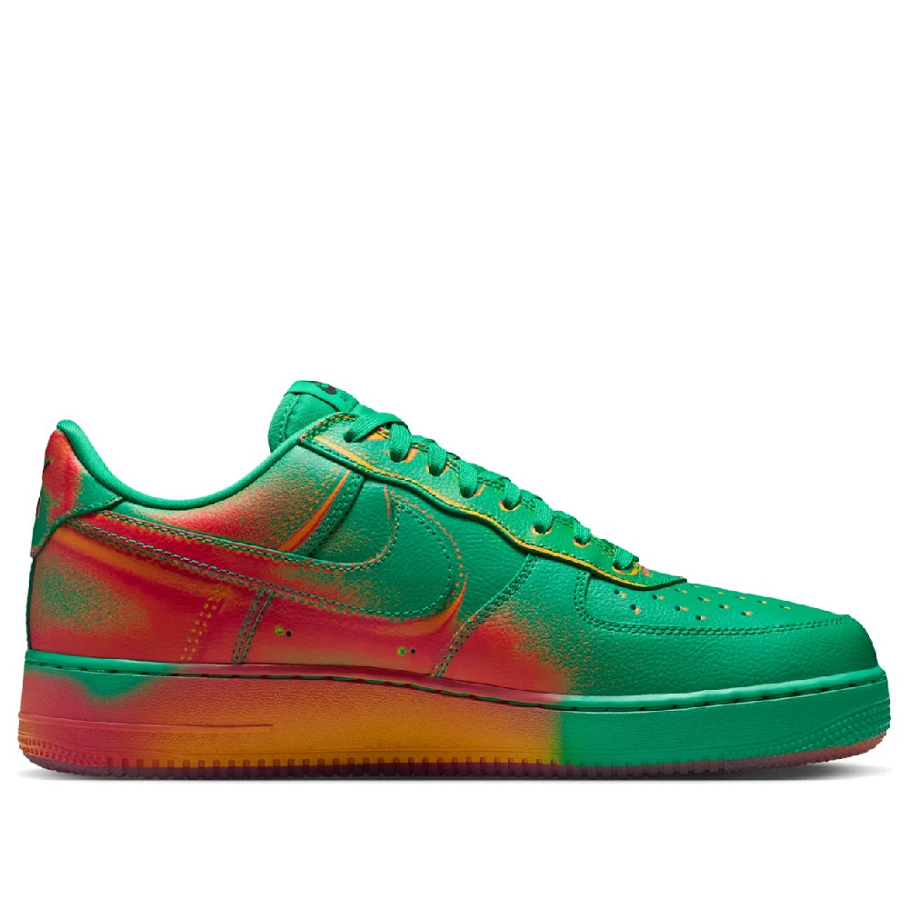 Green Nike Air Force 1 Low sneakers with red-orange Swoosh and lace-up closure