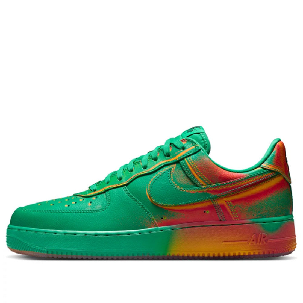 Green Nike Air Force 1 Low sneakers with red accents and visible AIR heel branding