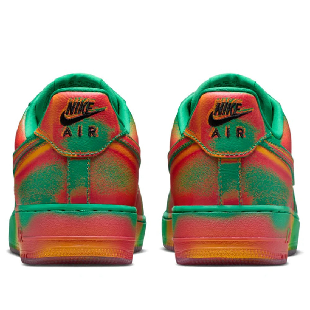 Green Nike Air Force 1 Low sneakers rear view with Nike Air badge and red heel