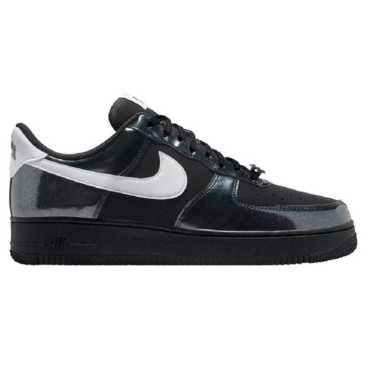 Men's Nike AF1 low-top sneakers in black with white Swoosh and lace-up front