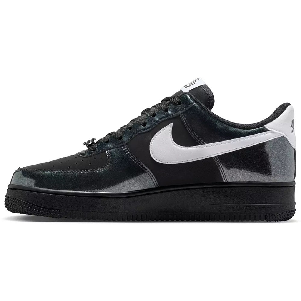 Men's Nike AF1 low-top sneakers, black leather with white Swoosh and lace-up closure