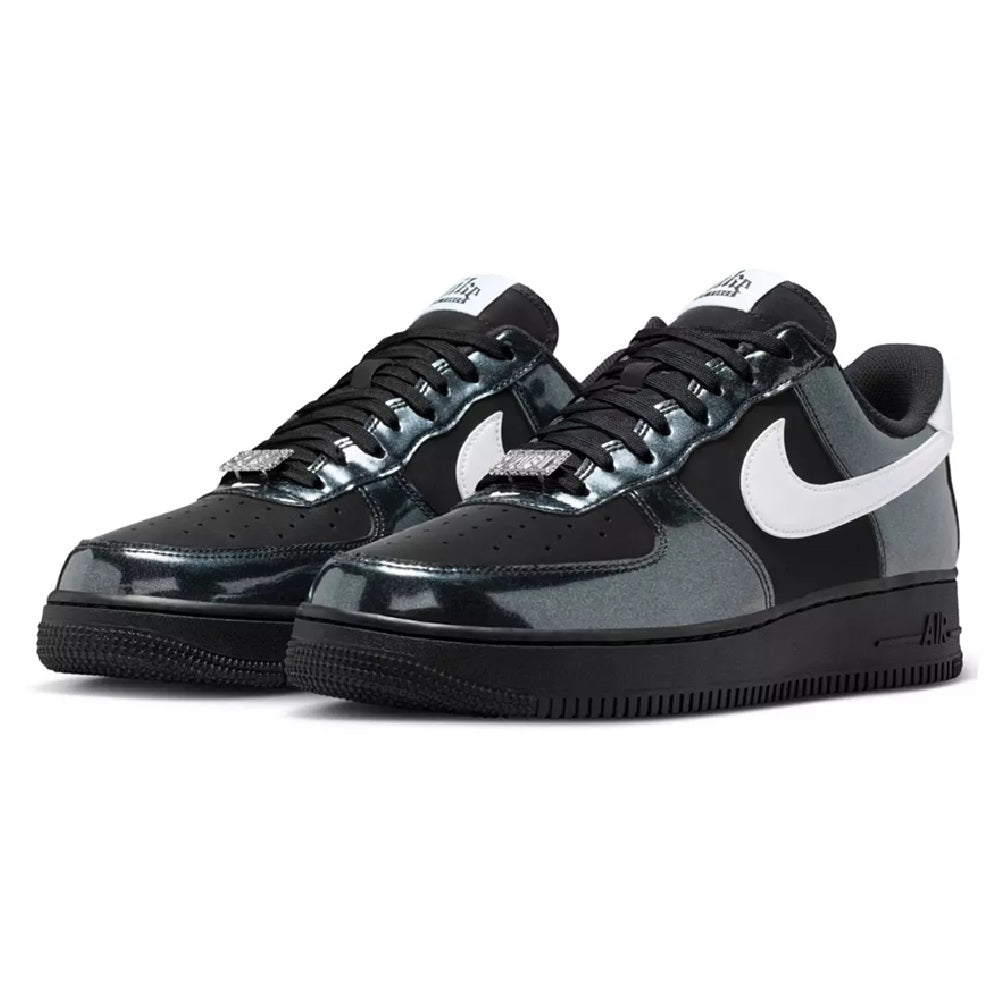 Pair of men's Nike AF1 low-top sneakers with black uppers and white Swoosh