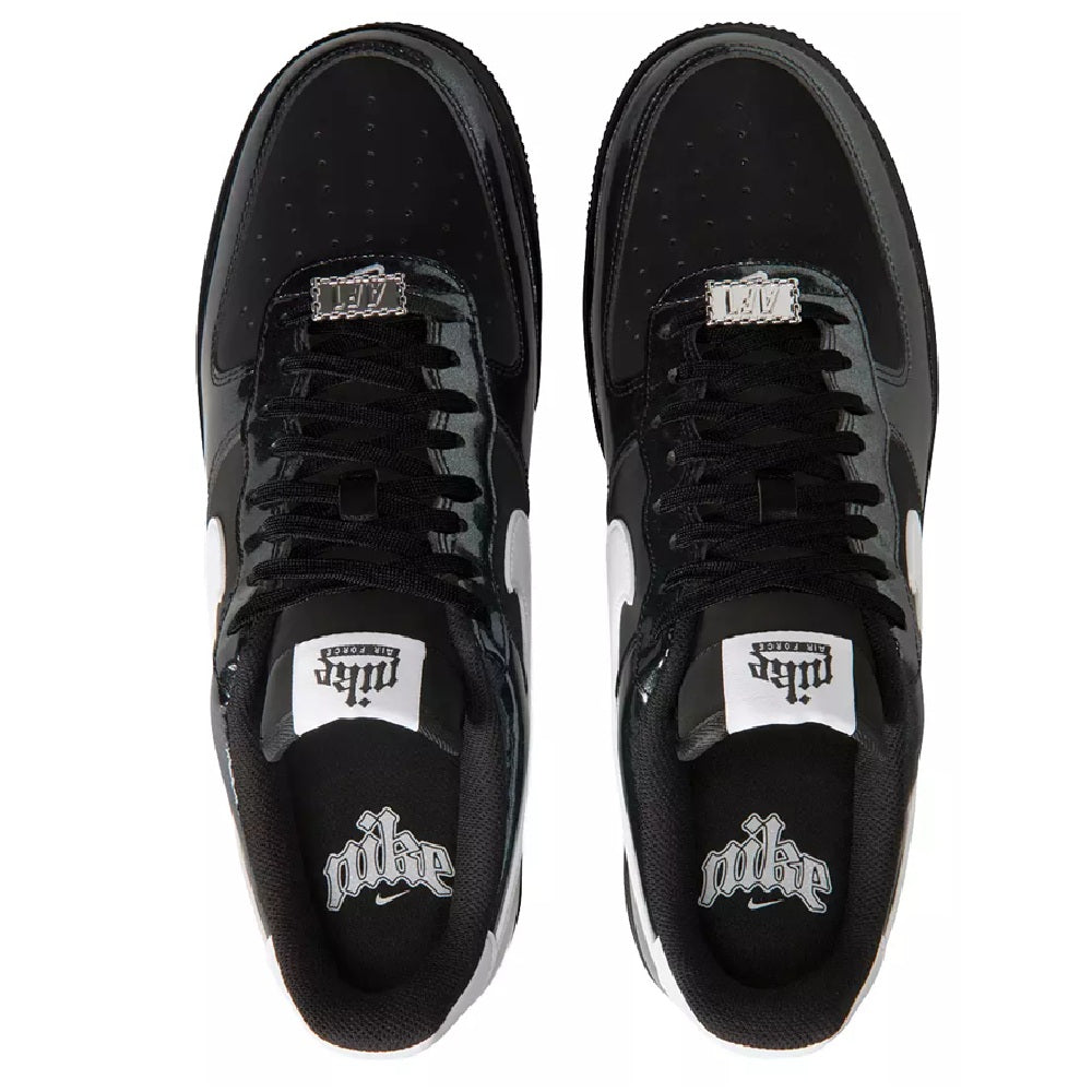 Men's Nike AF1 low-top sneakers top view with black laces and white tongue logos