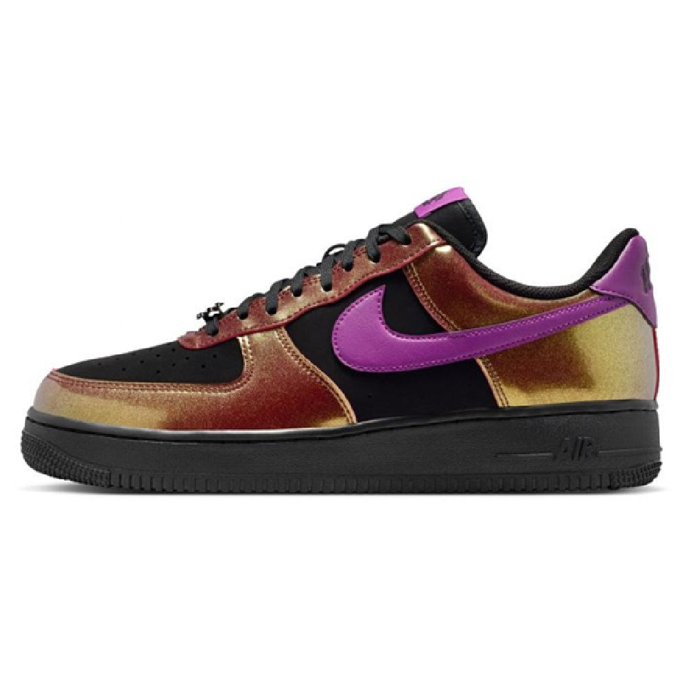 Nike Air Force 1 low-top sneaker, purple Swoosh with black toe and gold/burgundy panels