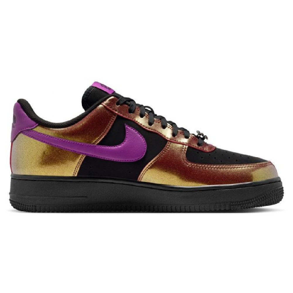 Nike Air Force 1 low-top sneaker, purple Swoosh with black quarter and gold/burgundy overlays