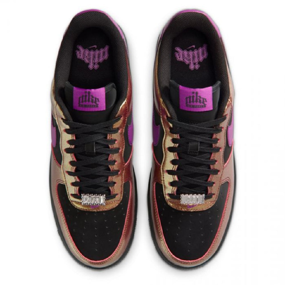 Nike Air Force 1 sneakers, black uppers with purple laces and embroidered inner heel