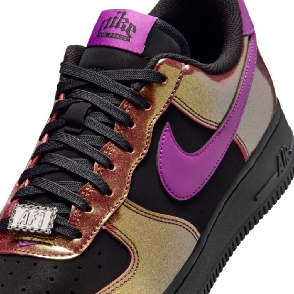 Nike Air Force 1 sneaker close-up, black laces, purple swoosh, gold and burgundy panels