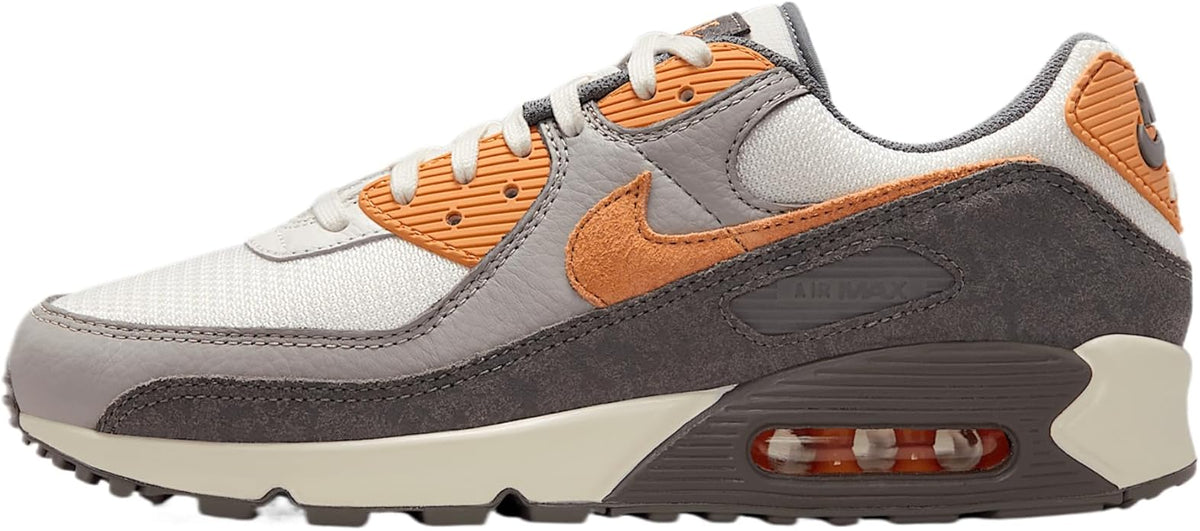 Nike Air Max 90 PRM lace-up sneakers, light gray/white uppers with orange accents