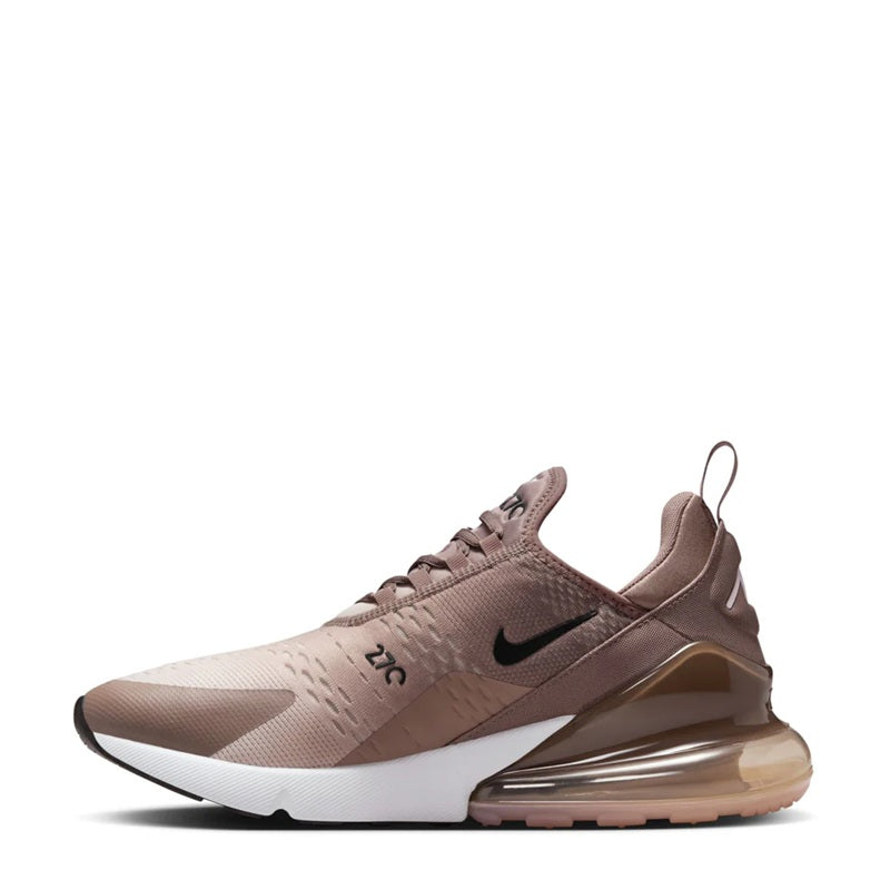 Men's Nike Air Max 270 sneakers, brown knit upper, black swoosh, bronze-tinted air midsole