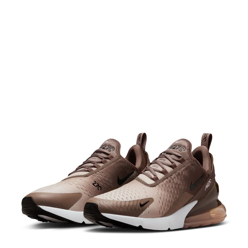 Pair of men's Nike Air Max 270 sneakers, taupe-brown mesh, white sole, black logo details