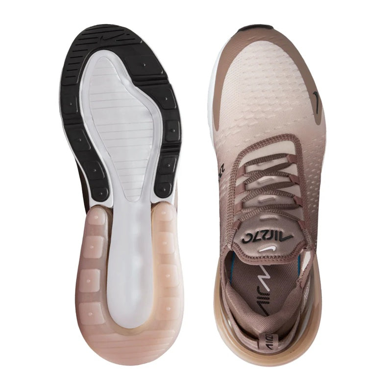 Nike Air Max 270 sneaker with treaded black outsole and brown knit upper underside view