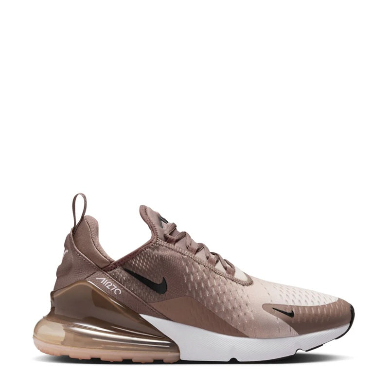Men's Nike Air Max 270 sneakers in mink brown/white, black swoosh, visible air unit