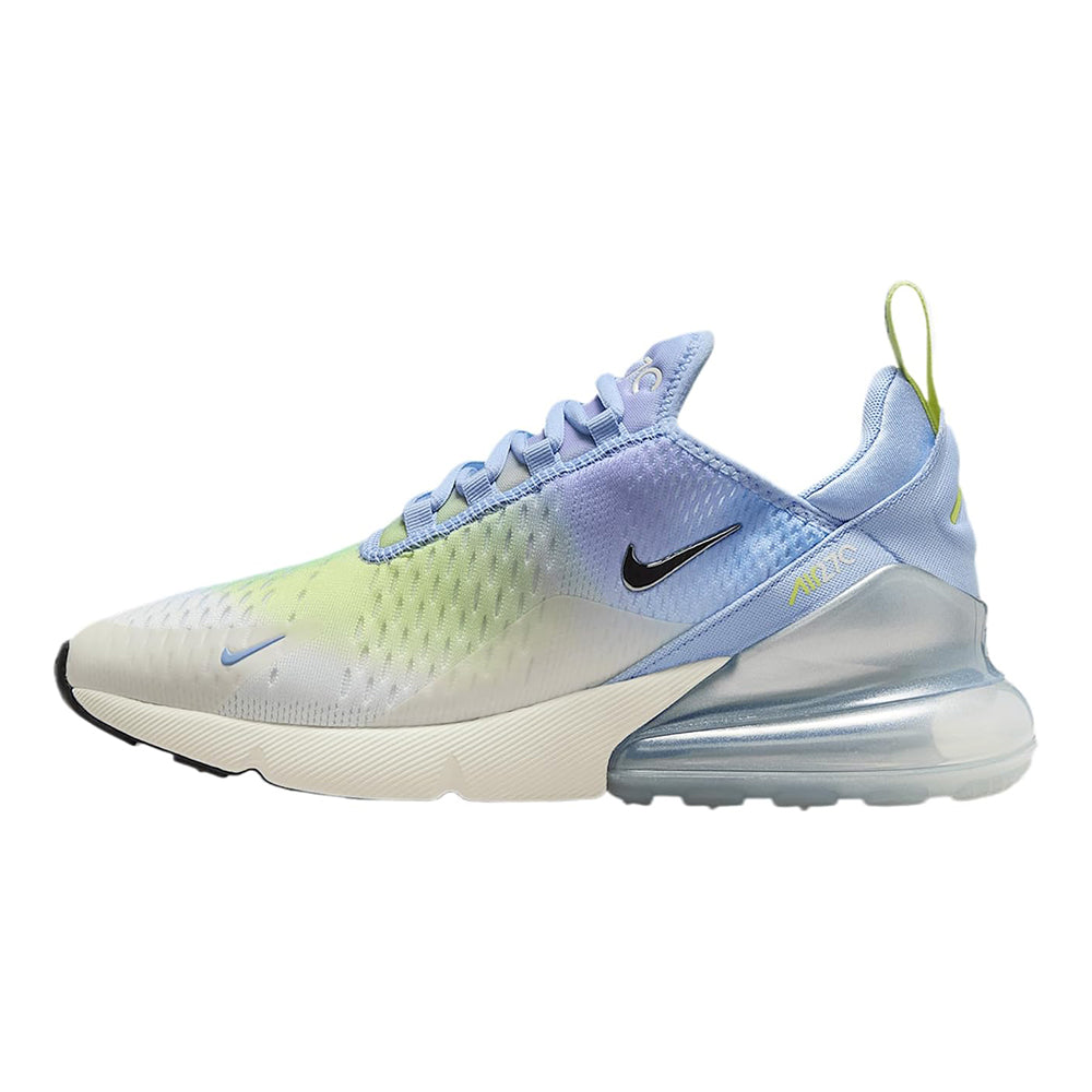 Nike Air Max 270 sneakers, blue-to-green gradient with metallic silver heel air unit