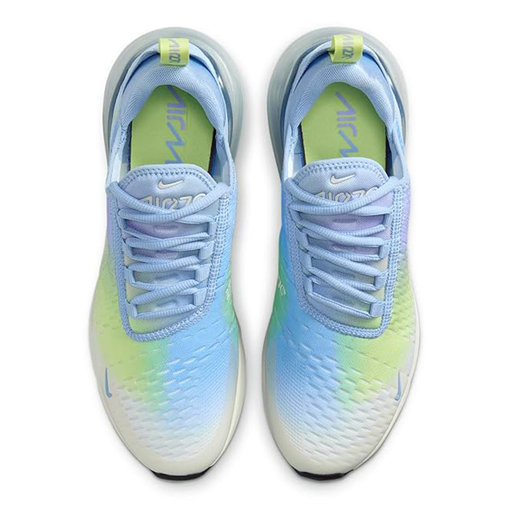 Nike Air Max 270 sneakers, lace-up front view; light blue mesh with neon green accents