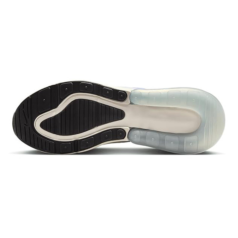 Nike Air Max 270 sneakers outsole view, black tread with white midsole and clear air sole