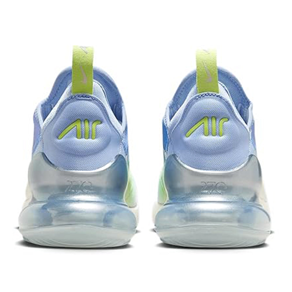 Nike Air Max 270 sneakers, heel view; blue mesh with neon green 'Air' logo and clear sole