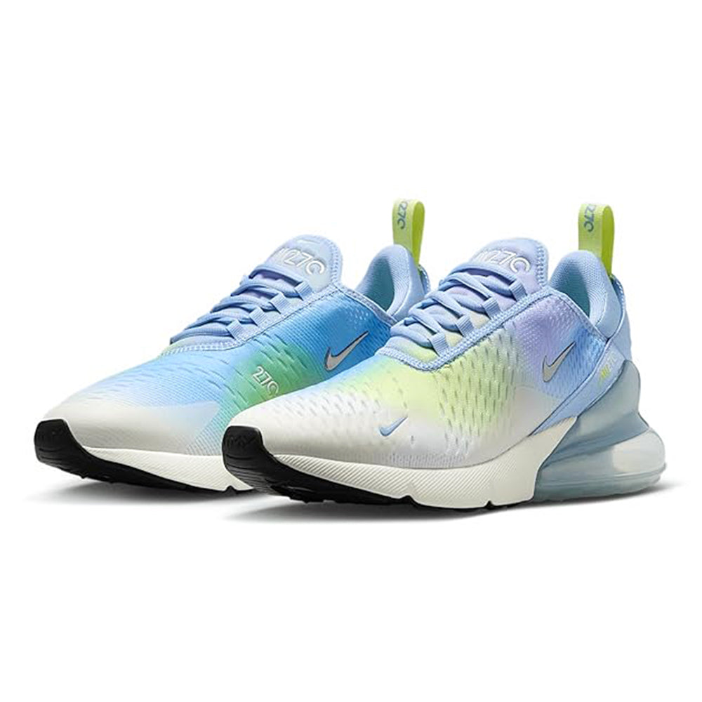 Nike Air Max 270 sneakers, side view pair; blue mesh with green gradient and lace-up