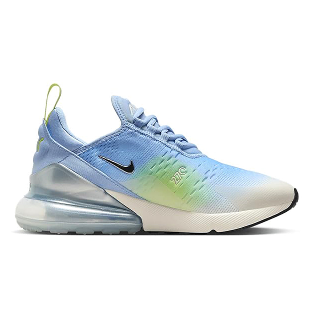 Nike Air Max 270 sneakers, side profile; light blue with lime-green gradient and silver swoosh