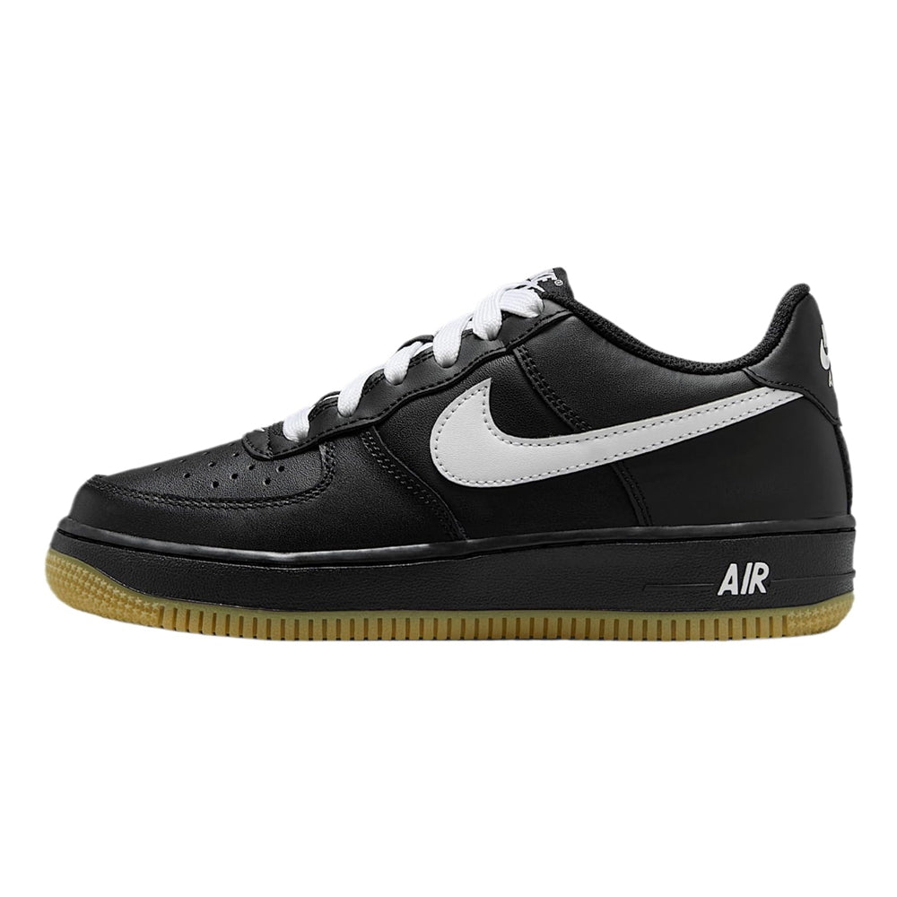 Kids' Nike Air Force 1 LV8 sneakers, black leather with white swoosh and gum sole
