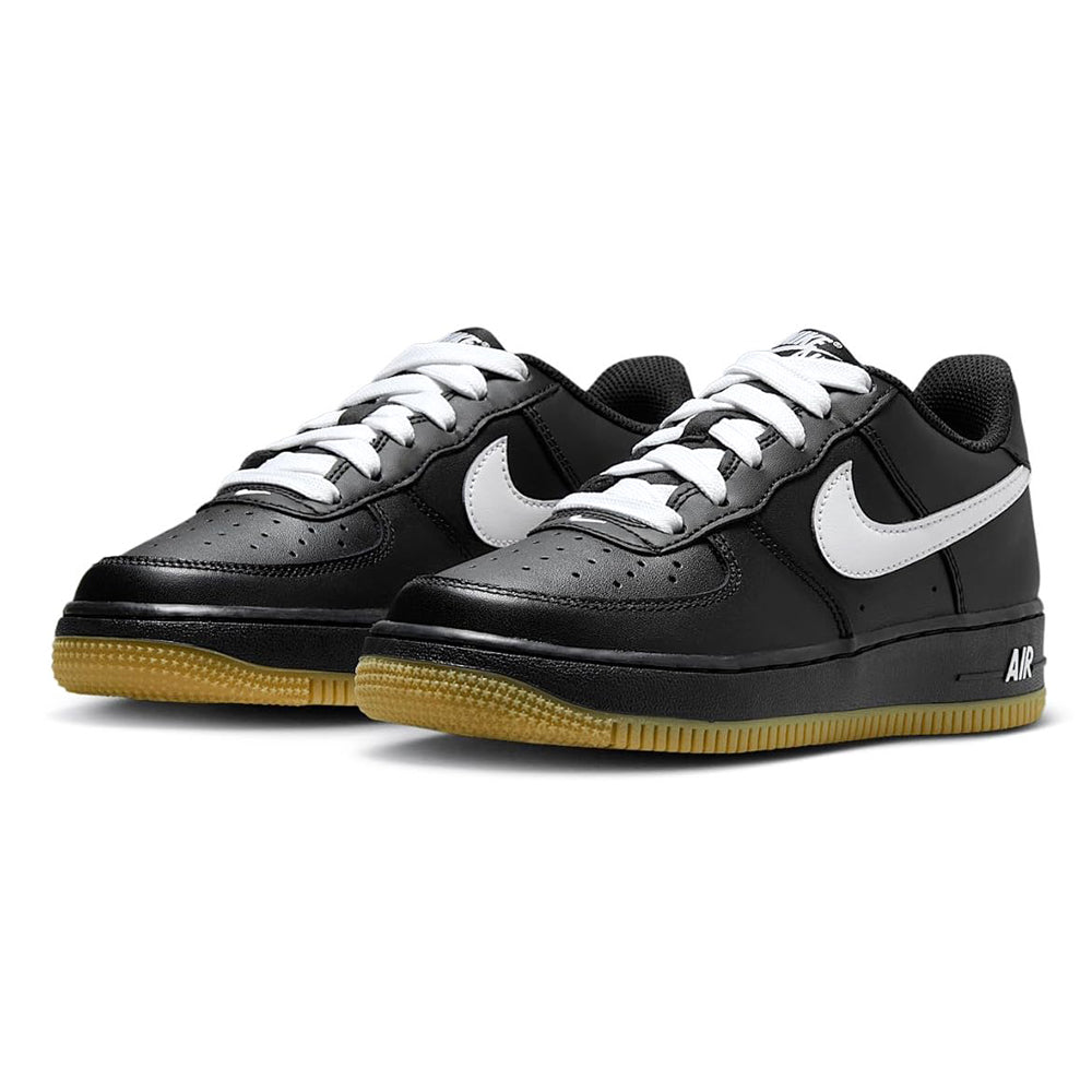 Kids' Nike Air Force 1 LV8 sneakers, black with white laces and swoosh, gum sole