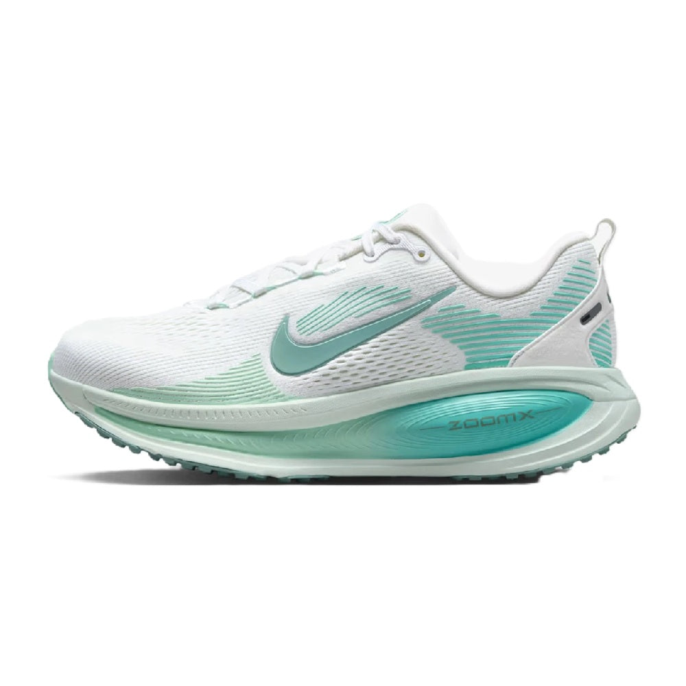 Women's running sneaker with white knit upper, turquoise accents, and Nike swoosh