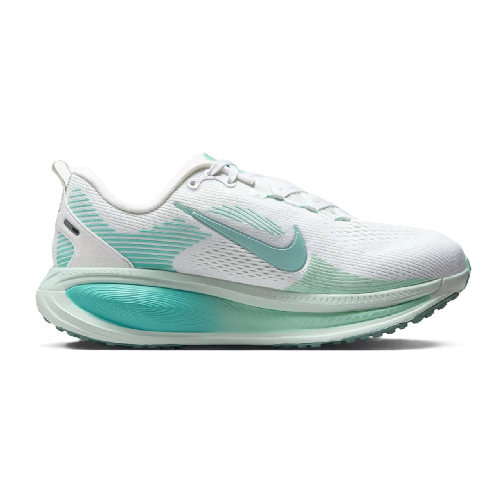 Women's running sneaker side view: white mesh knit with turquoise swoosh and laces