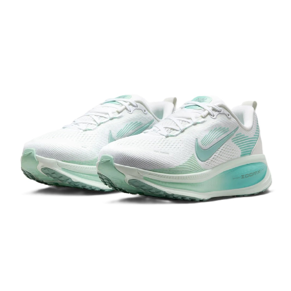 Women's running sneakers pair in white with turquoise detailing, front toe and side panels
